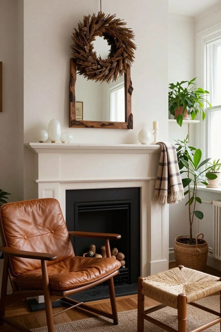 White fireplace mantel with clustered white glass orbs, a white vase and candle holder, and a plaid throw draped over the edge, beside a brown leather armchair, woven footstool, plants, and a wheat wreath on a wood-framed mirror above.