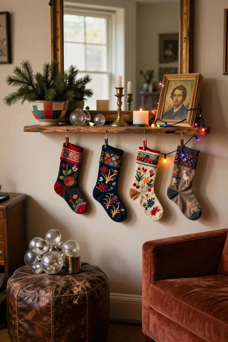 Rustic wooden wall shelf used as a Christmas mantel with four colorful embroidered stockings hanging from clips, fairy lights strung along it, candles, glass ornaments, plants, and a framed portrait nearby in a cozy room.
