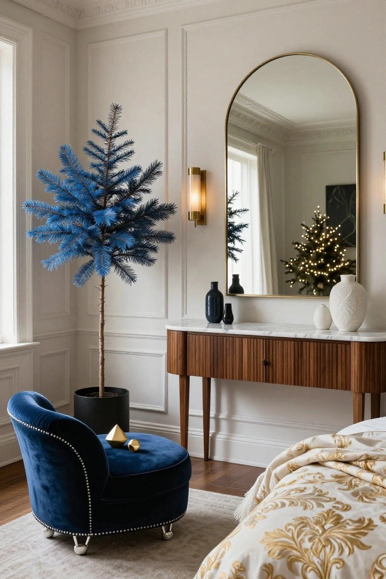 Corner of a white-walled bedroom with tall blue artificial Christmas tree in black pot, gold arch mirror over marble-topped wooden console table holding blue and white vases, blue velvet tufted ottoman with gold objects, and edge of bed with gold embroidered bedding.
