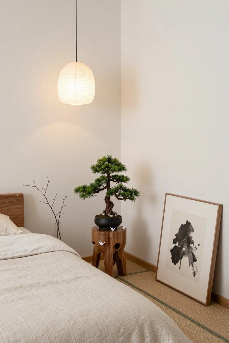 Minimalist bedroom with bonsai tree, paper lantern, and framed ink art.