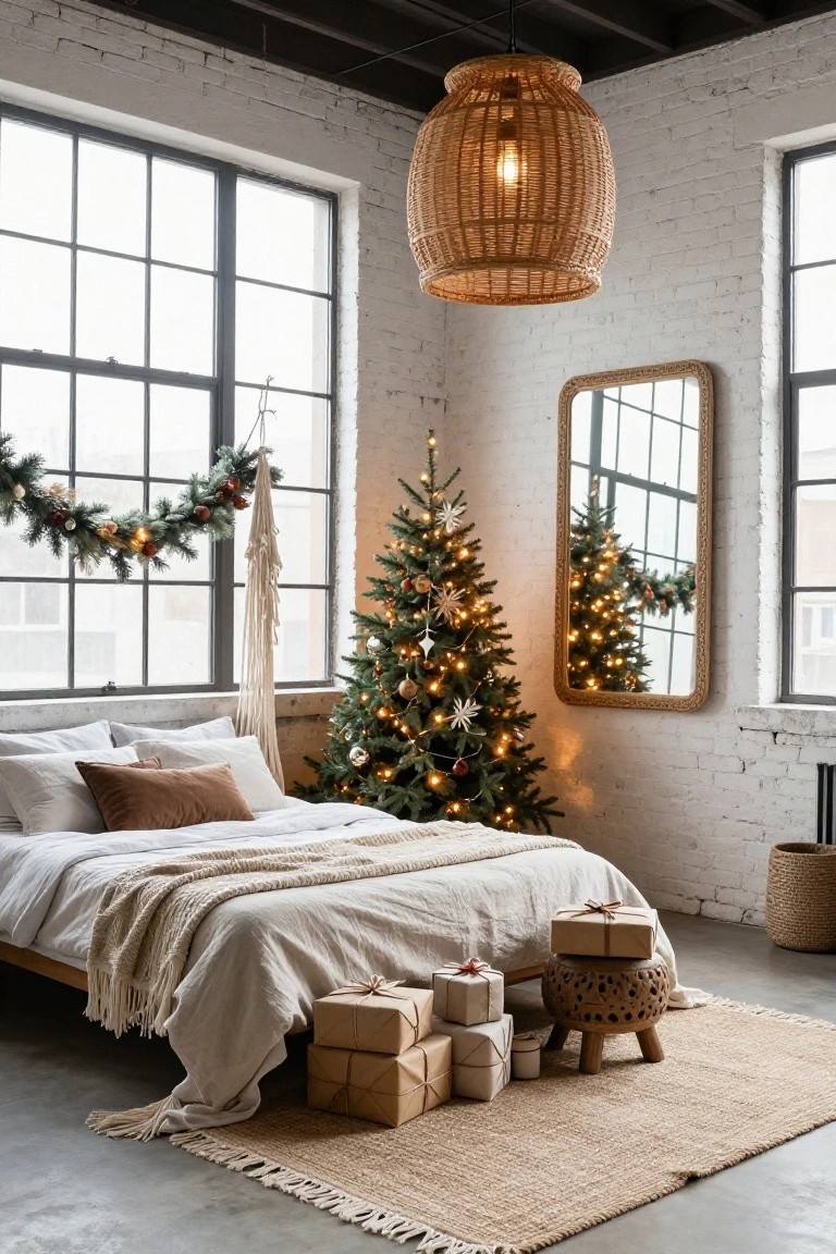 Loft bedroom with exposed white brick walls, large industrial windows, a slim lit Christmas tree beside a bed with beige linens and pillows, wrapped gifts on a wood stool, rattan pendant light, and beige rug on concrete floor.