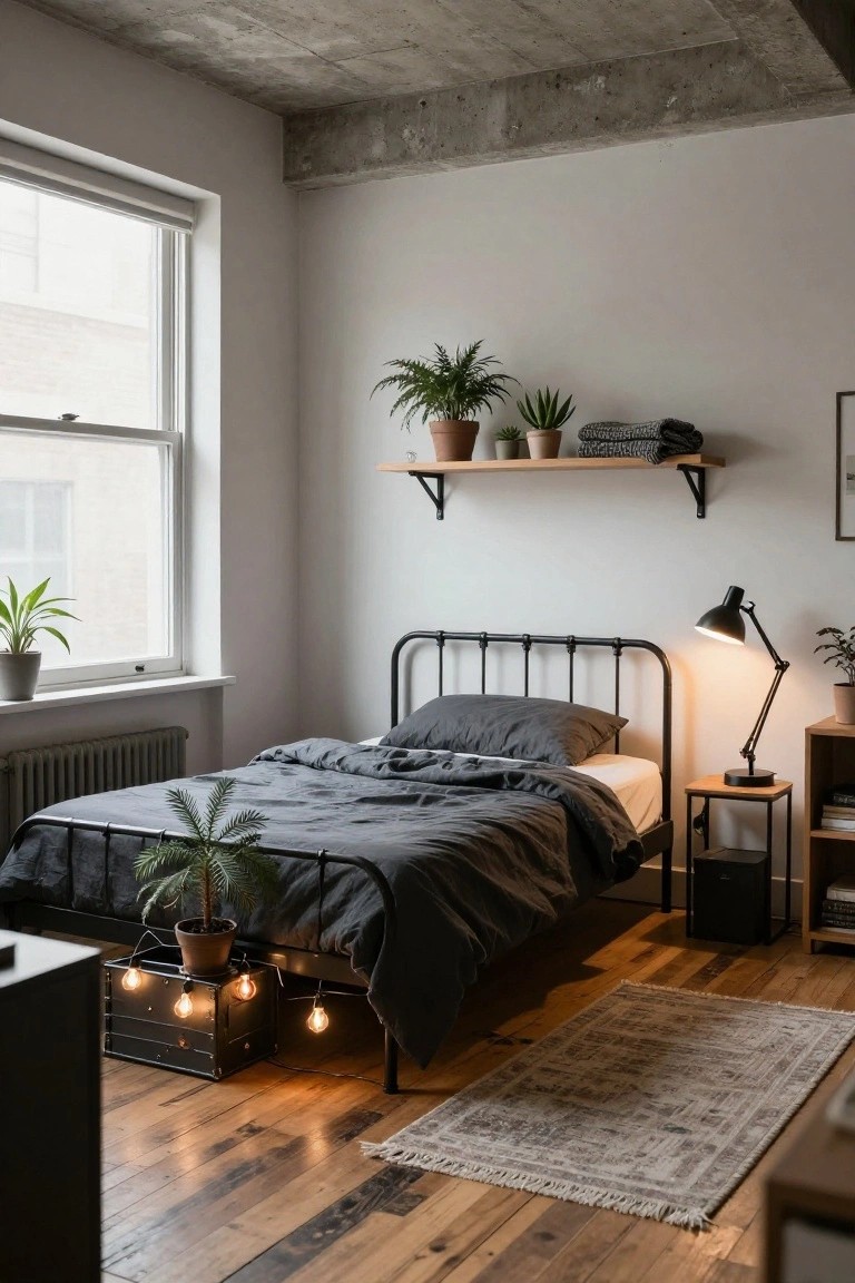 A cozy bedroom interior featuring a black metal bed with gray linens, potted plants on shelves and windowsill, wooden flooring, and a black metal crate beside the bed strung with glowing string lights.