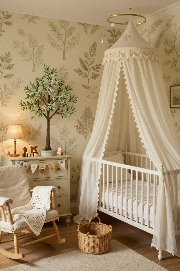 Nursery bedroom with beige tree-patterned wallpaper, white crib under a ruffled canopy, rocking chair, dresser with garland, and tall faux olive tree with white leaves beside the dresser.
