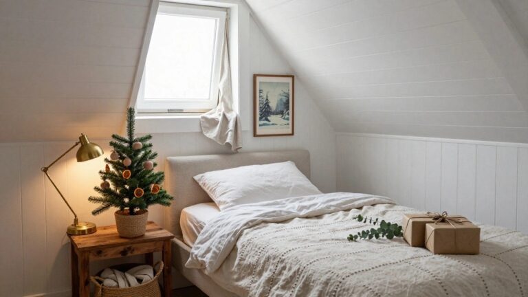 Small Christmas tree decorated with oranges, white balls, and gold ornaments next to a bed in a white attic bedroom with sloped ceilings, skylight, neutral bedding, and wrapped gifts on the floor.