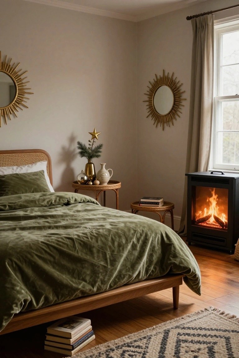 Bedroom corner with rattan bed frame and green velvet bedding, lit black wood stove fireplace, rattan side table holding gold vase with evergreen branch, ornaments, and star topper, plus gold sunburst mirrors on greige walls.