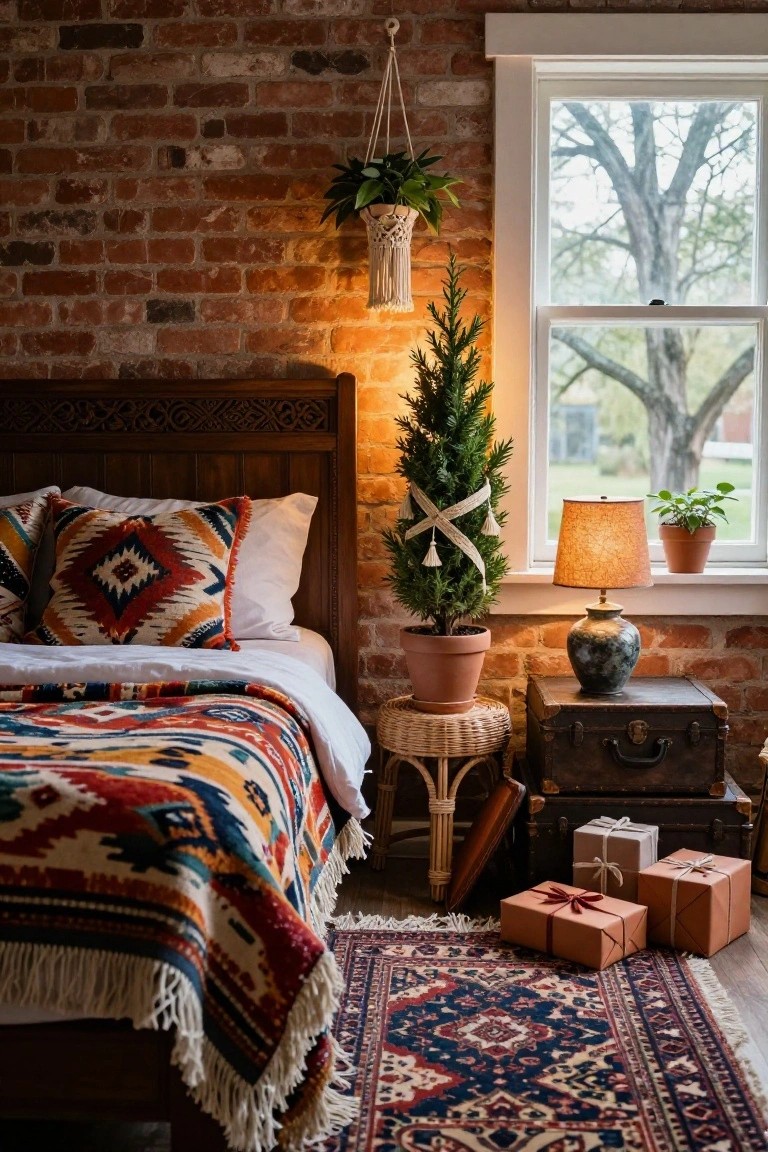 Cozy bedroom with exposed brick walls, wooden bed frame with colorful patterned pillows and quilt, small potted Christmas tree decorated with ribbon next to bed, hanging plant, table lamp, potted plants, and wrapped gifts on floor.