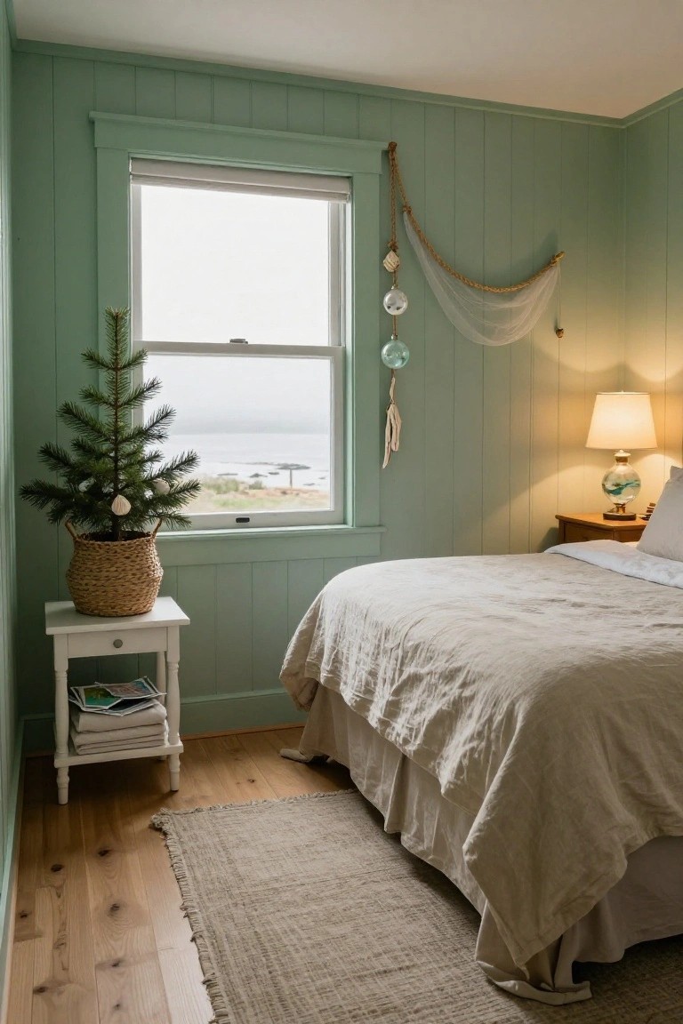 A small potted Christmas tree with ornaments in a woven basket on a white side table next to a bed in a sage green shiplap bedroom with an ocean view through a large window.
