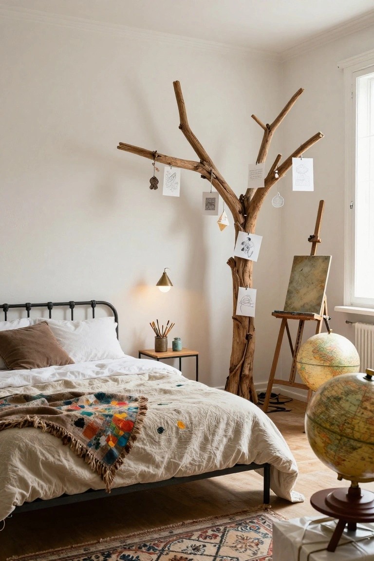 Cozy bedroom with driftwood art tree, globe, easel, and colorful quilt.