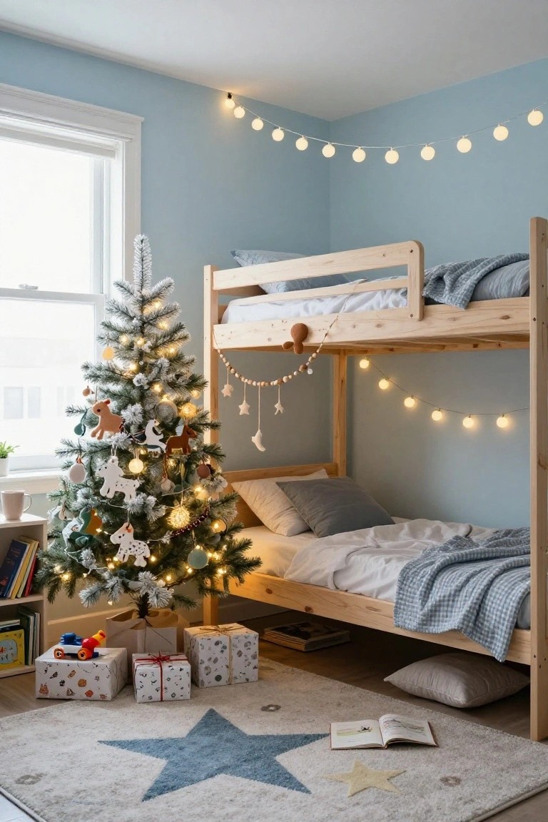 Cozy children's bedroom with wooden bunk bed, lit Christmas tree, and star rug.
