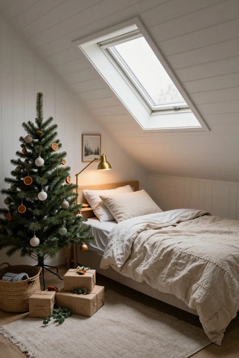 Small Christmas tree decorated with oranges, white balls, and gold ornaments next to a bed in a white attic bedroom with sloped ceilings, skylight, neutral bedding, and wrapped gifts on the floor.