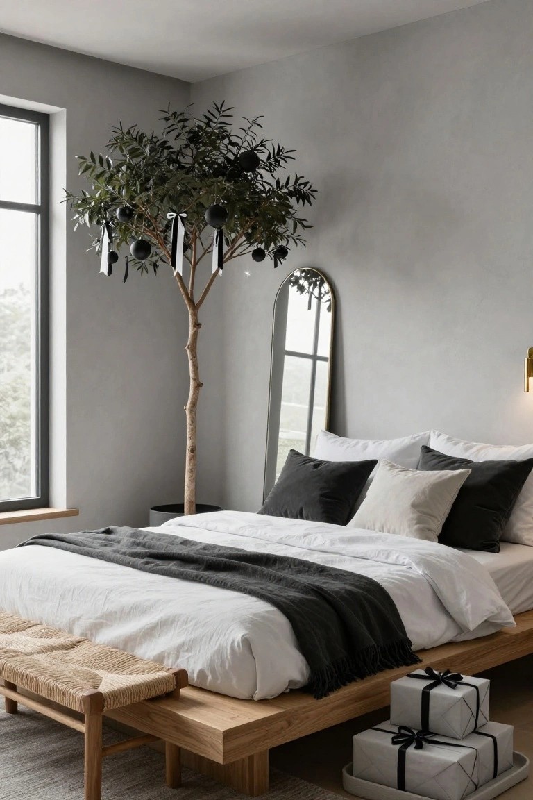A bedroom corner with a tall potted olive tree decorated with black baubles and white ribbons, positioned next to a gold arched mirror and a low wooden platform bed with white sheets, black pillows, gray throw, bench, and stacked white gift boxes on the floor.