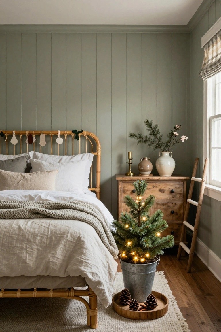 Sage green paneled bedroom with rattan bed frame, white and beige linens, small lit Christmas tree in galvanized bucket beside the bed, wooden nightstand with vase and candle, ladder shelf by window with plaid roman shade.
