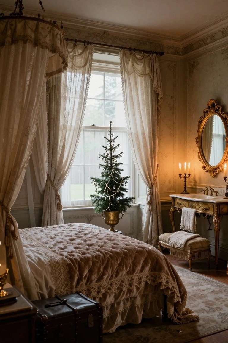 A luxurious bedroom interior with a small decorated Christmas tree in a gold urn positioned by a large window with sheer curtains, a canopied bed, antique vanity, and candlelit gold mirror.