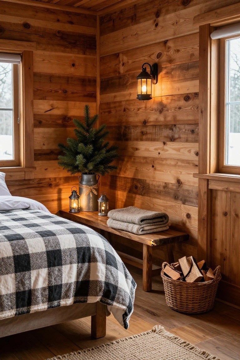 Wooden-paneled bedroom corner with small potted Christmas tree in metal bucket, lanterns on wood surface, checkered bed covers, bench with blankets, firewood basket, and windows showing snow outside.
