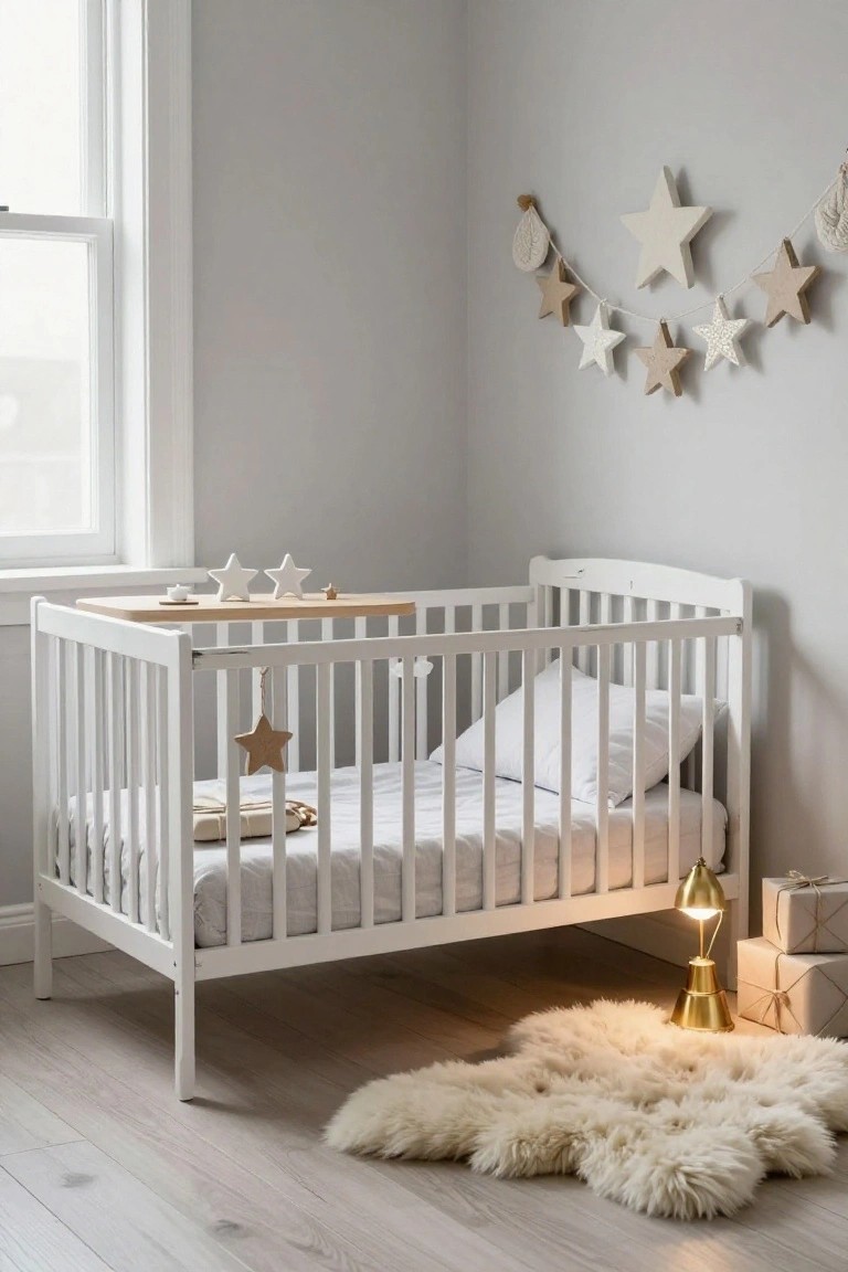 White wooden crib in a light gray nursery corner with a garland of assorted wooden stars on the wall, small white stars on a wood changing table, gold lamp, wrapped gifts, and sheepskin rug on light wood floor.