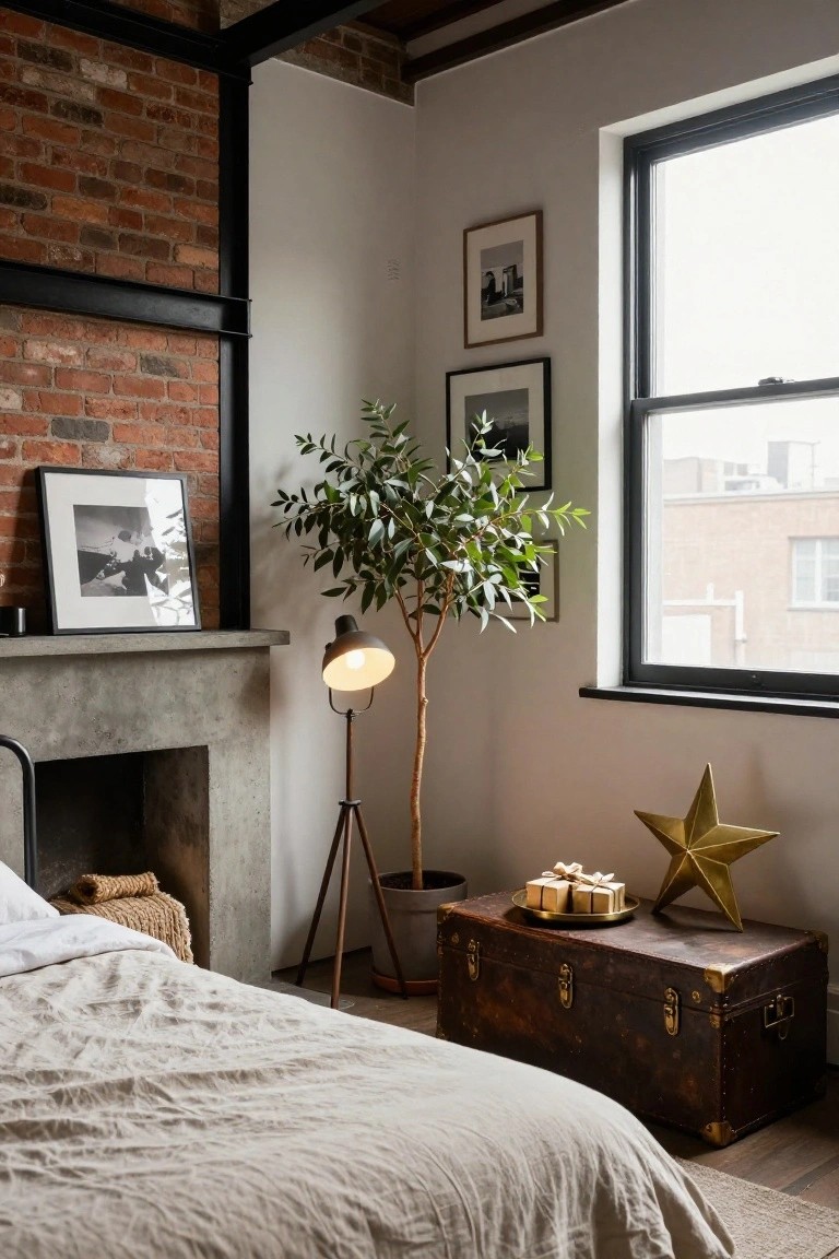 Corner of a cozy bedroom with a bed draped in white linens, concrete fireplace, potted ficus tree next to a tripod floor lamp, vintage brown trunk topped with wrapped gifts on a plate and gold star, black metal frames, and brick walls beside a large window.
