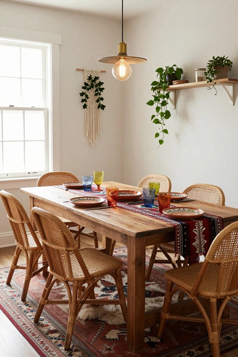 Dining room with wooden table set with colorful plates, striped runner, and assorted colored glasses, surrounded by rattan chairs on a patterned rug, macrame hanging nearby, plants on shelves, and a pendant light above.