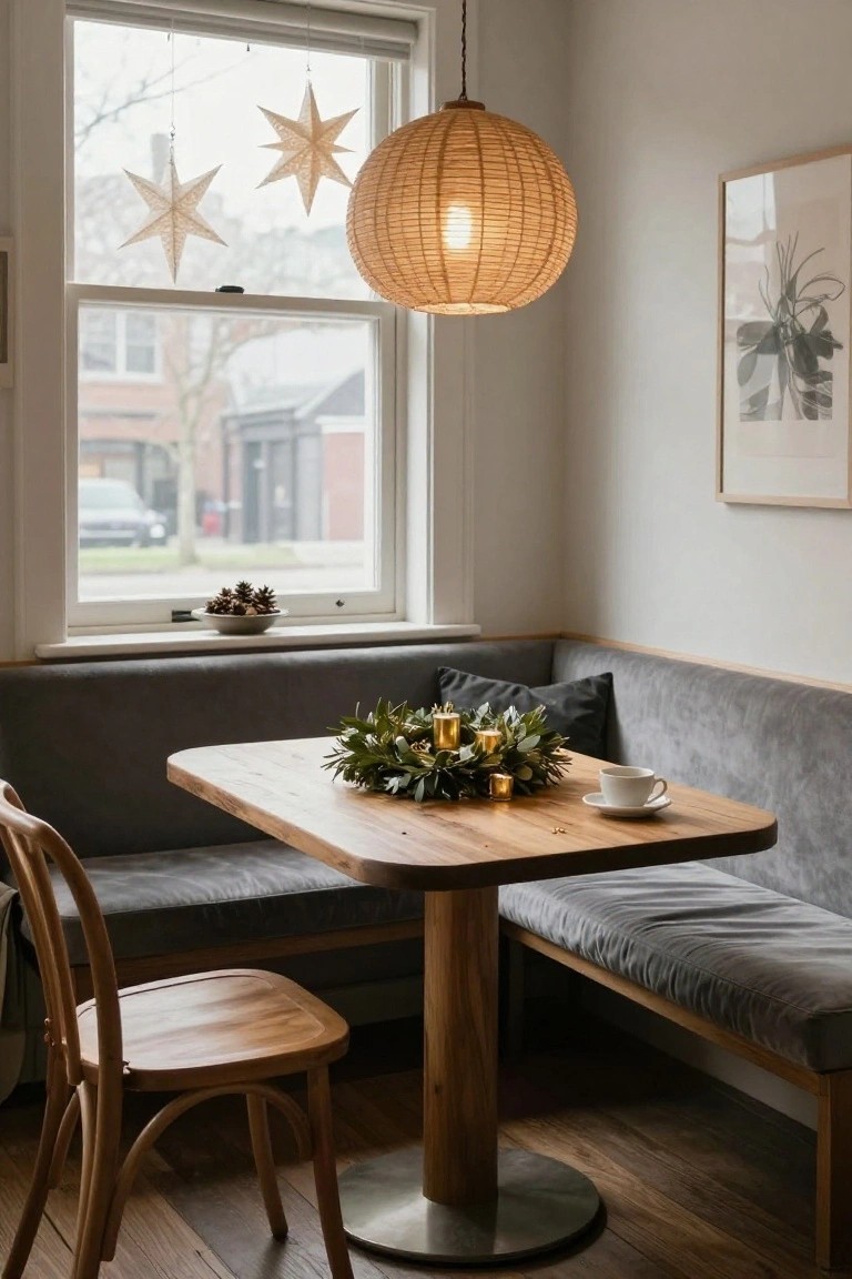 Corner dining nook with gray velvet banquette seating, rectangular oak table holding laurel wreath centerpiece with gold candles and white teacup, wooden chairs, window sill with pinecone bowl and hanging paper star ornaments, rattan pendant lamp overhead.