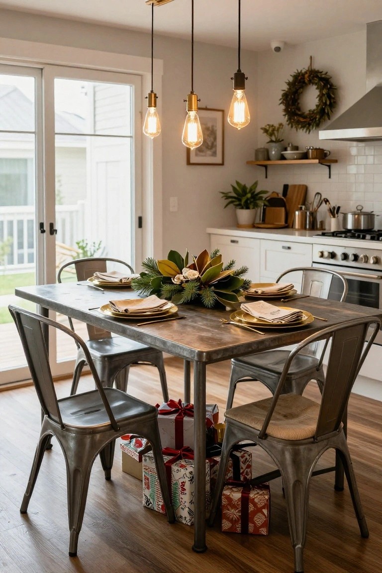Kitchen dining area with a rustic metal table set for Christmas, featuring gold plates, beige napkins, greenery centerpiece, wrapped gifts under the table, and gray metal chairs.