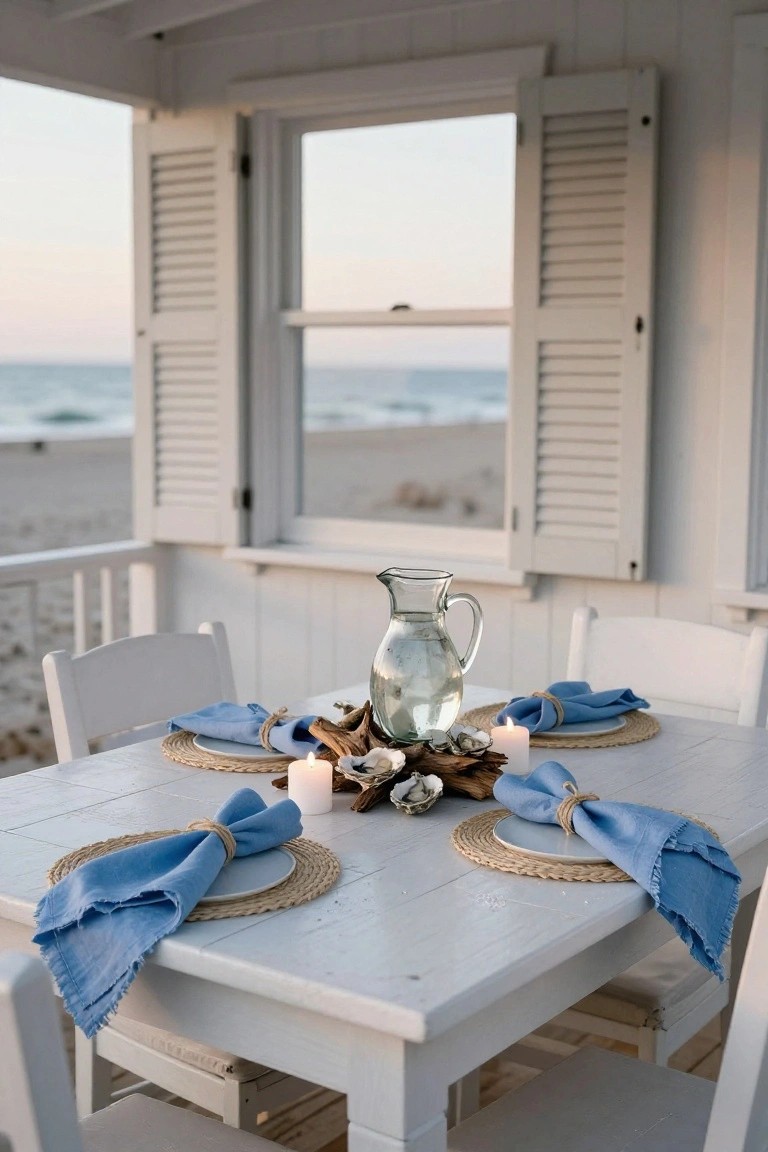 White wooden dining table on a beachside porch with four white chairs, set for a meal using blue linen napkins tied with rope on rattan placemats, driftwood shells and candles centerpiece, glass water pitcher, open shutters showing ocean view.