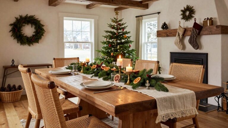 Wooden dining table in a cozy room with exposed beams, set with pine garland centerpiece, dried oranges, brass candelabras, plates, and chairs, plus Christmas stockings on the wall and snow visible through the window.