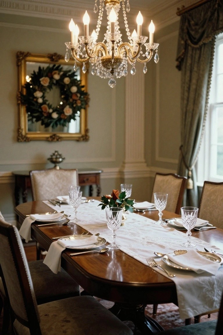 Formal dining room with mahogany table set for Christmas, white lace runner, holly and rose centerpiece in glass vase, crystal wine glasses, silverware place settings, upholstered chairs, gold chandelier, and framed wreath on wall.