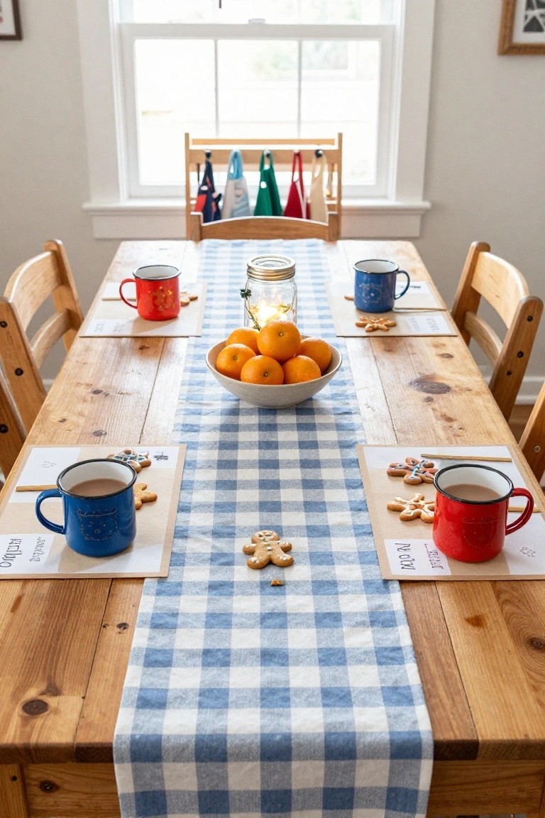 Wooden dining table in a bright room with blue-and-white gingham runner, enamelware mugs of hot drinks, gingerbread cookies on placemats, bowl of oranges, and hanging kitchen towels nearby.