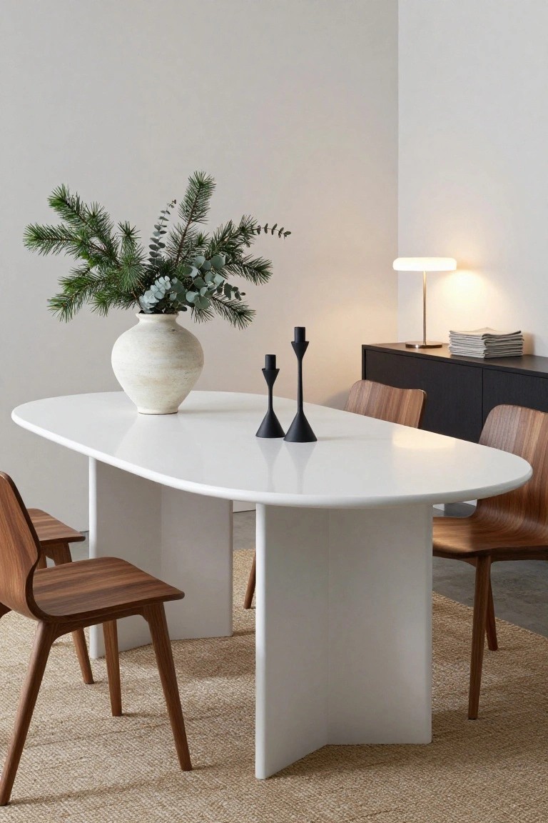 Oval white dining table with wooden chairs in a light room, centered by a beige ceramic vase of fir branches and eucalyptus next to two black candlesticks, with a lamp and sideboard nearby.