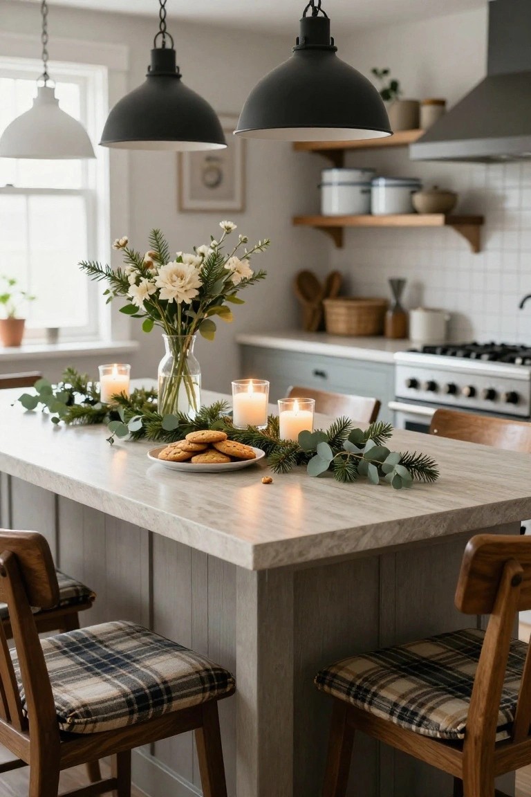 Kitchen island topped with eucalyptus and fir branch garland, several white candles in glass holders, a vase of white flowers, and a white plate of golden cookies, flanked by wooden stools with plaid cushions under black and white pendant lights.