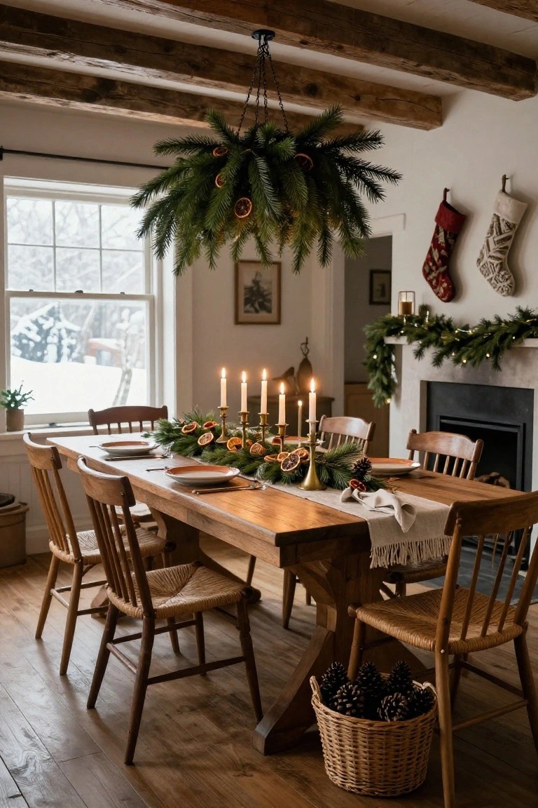 Wooden dining table in a cozy room with exposed beams, set with pine garland centerpiece, dried oranges, brass candelabras, plates, and chairs, plus Christmas stockings on the wall and snow visible through the window.