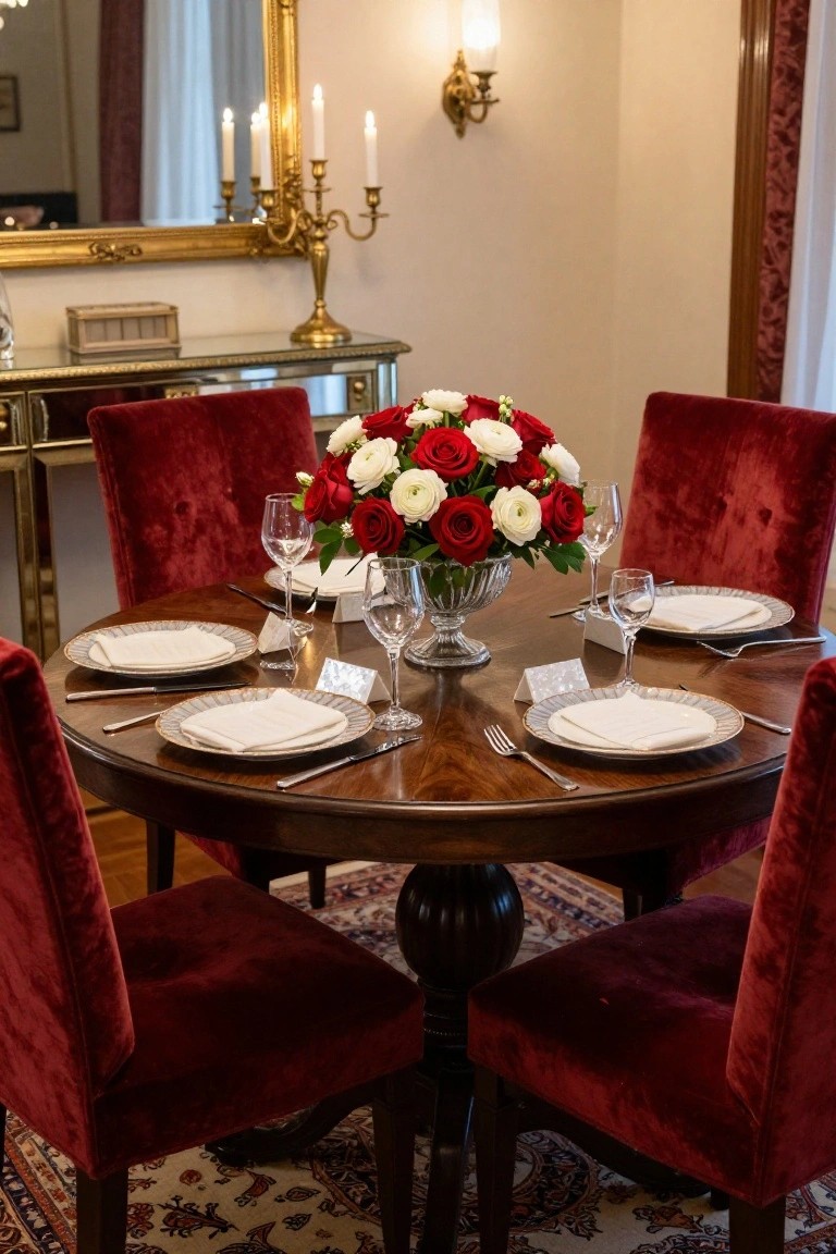 Elegant round wooden dining table set with red roses and velvet chairs.