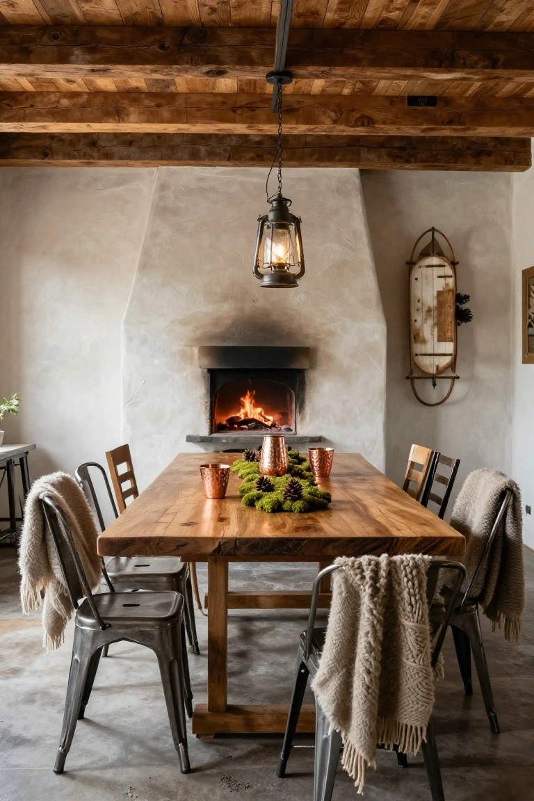 Rustic dining room with wooden beamed ceiling, stone fireplace, long wooden table centered by moss and pinecone garland with copper mugs, metal chairs draped in wool throws, and potted plant on side table.