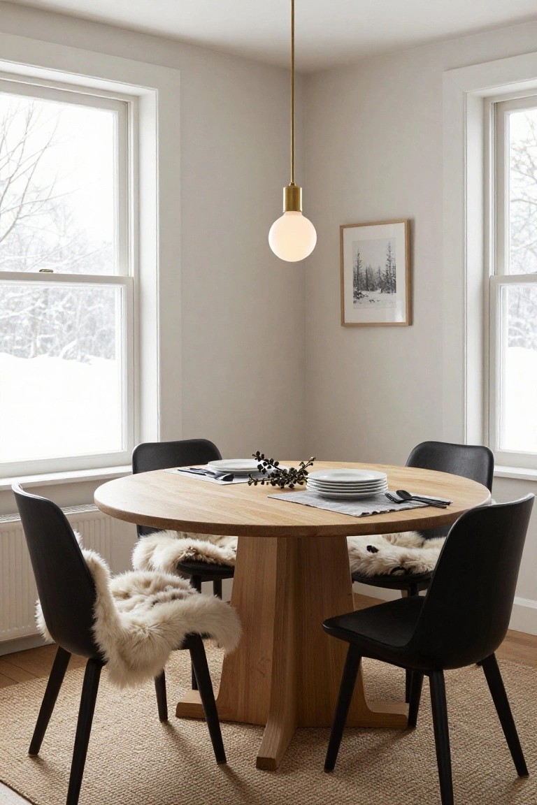 Corner of a dining room with a round oak table set with white plates and napkins, four black chairs draped with white sheepskin throws, a gold pendant light overhead, and large windows showing snowy trees outside.