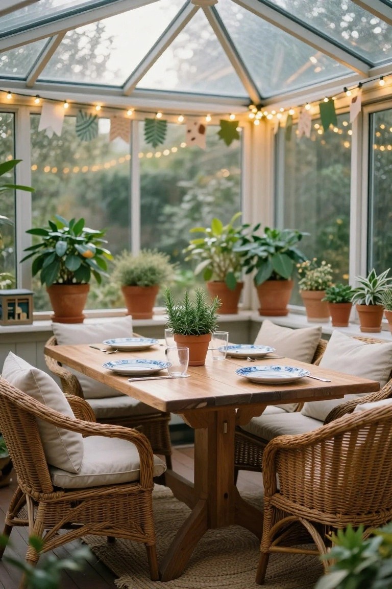 Wooden dining table with blue plates, glasses, and silverware set in a glass-walled sunroom filled with potted plants on shelves and floors, string lights and leaf garlands hanging overhead.