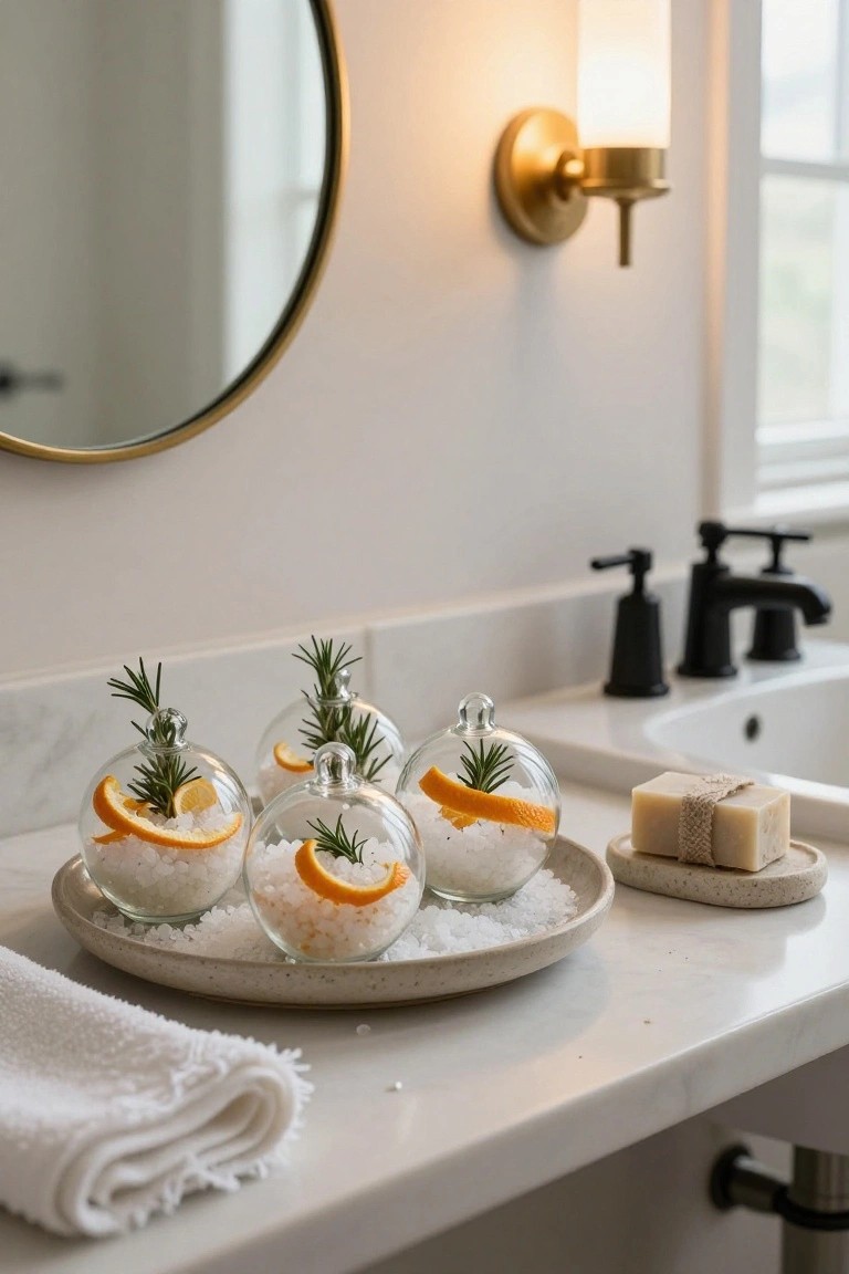 Clear glass Christmas ornaments filled with white salt crystals, orange slices, and rosemary sprigs arranged on a light gray tray on a white marble bathroom countertop near a black faucet sink, soap dish, and folded white towel.