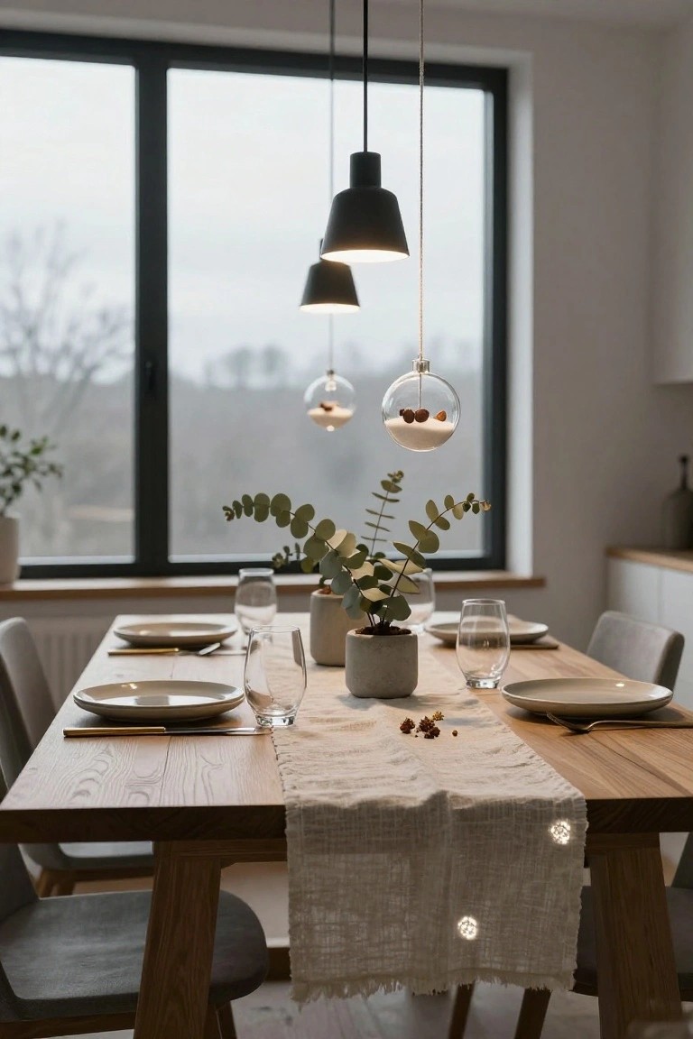 Contemporary dining room with wooden table set with white plates, glasses, and gold flatware, gray upholstered chairs, pendant lights including black cones and clear glass spheres filled with sugar and hazelnuts, eucalyptus in concrete pot, large window with view of bare trees.