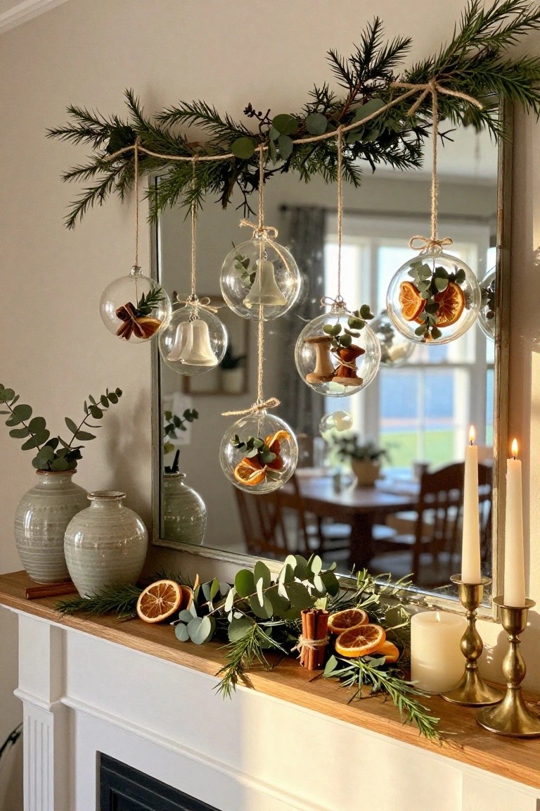 Fireplace mantel decorated with greenery garland, dried orange slices, cinnamon sticks, candles, and clear glass ornaments filled with oranges, eucalyptus, and spices hanging above a mirror.