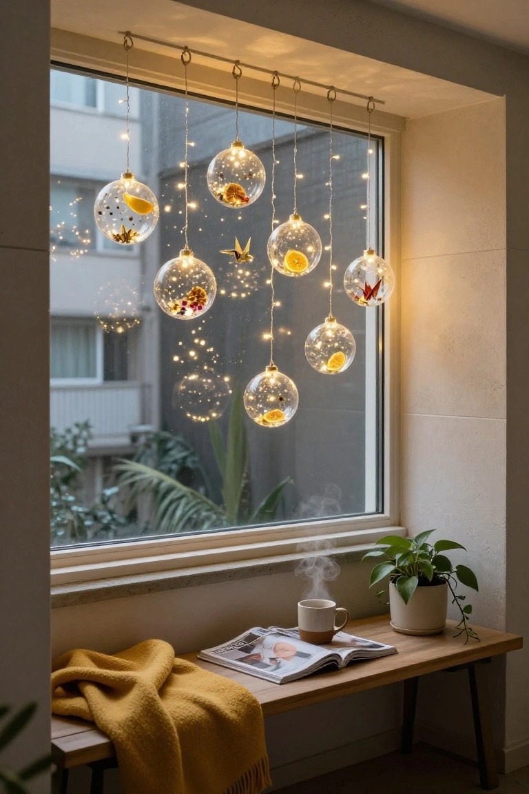 Sage green kitchen cabinets with white fabric sachets containing buttons and lavender, plus clear glass ornaments filled with lavender and buttons, all hanging from a metal rod below the countertop, purple yarn ball on surface nearby.