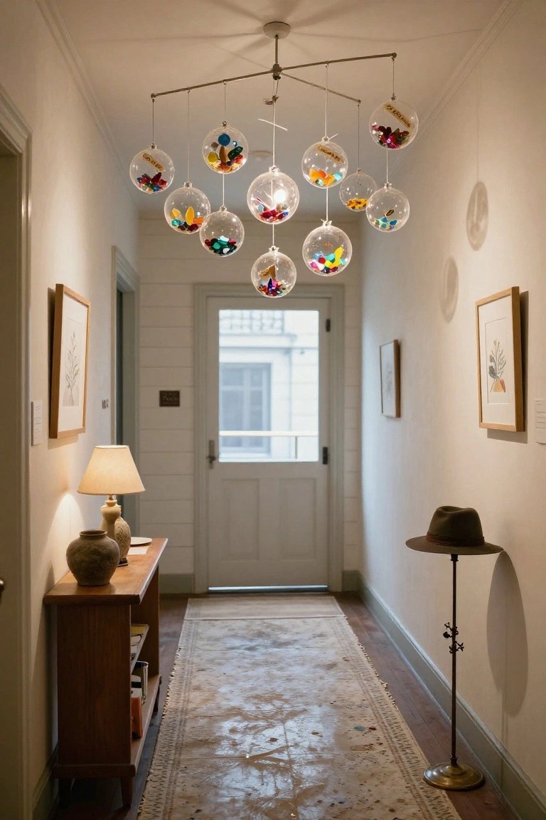 Wooden desk in a study with bookshelves, holding a white bowl filled with clear glass orbs containing fountain pens, rolled old maps, dried flowers, papers, and a desk lamp nearby.
