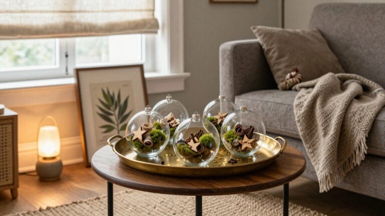 Clear glass Christmas ornaments filled with green moss, wood stars, cinnamon sticks, spices, and gold elements arranged on a brass tray on a wooden table next to a gray sofa in a light gray living room.