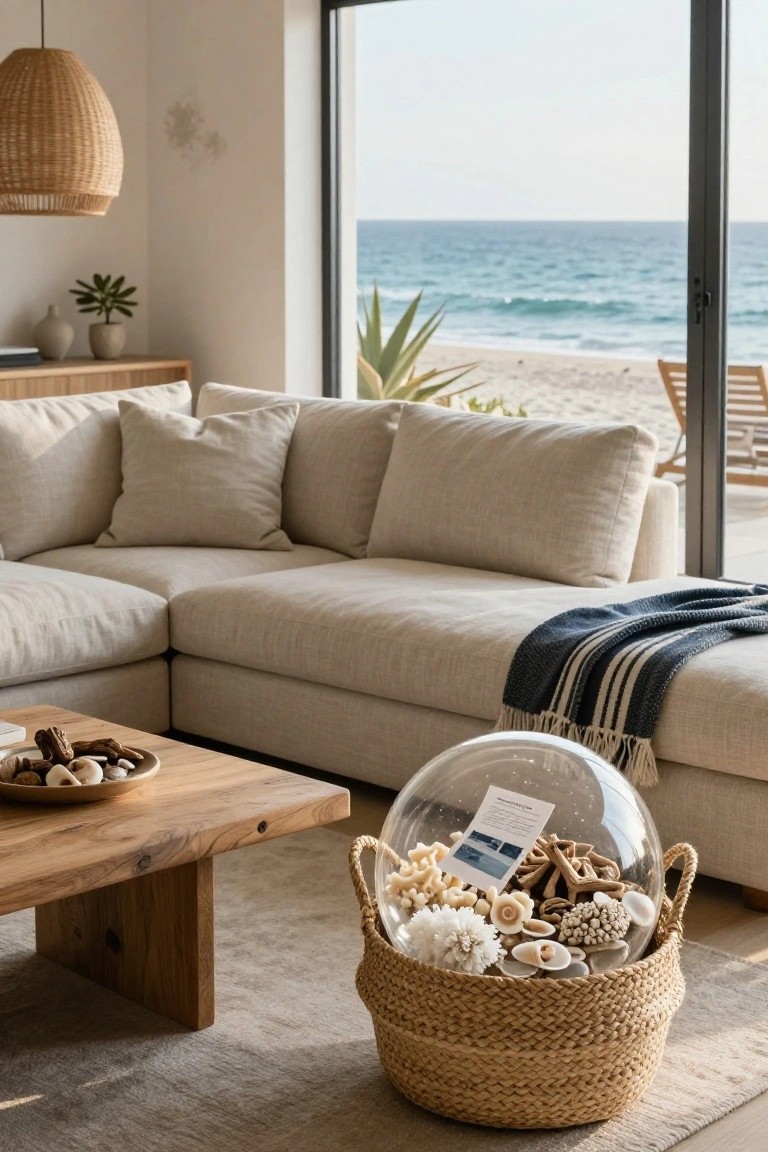 Living room interior with beige linen sofa, wooden coffee table holding a dish of nuts and shells, large clear glass dome filled with seashells driftwood and coral in a woven seagrass basket on the floor, large windows showing beach and ocean view