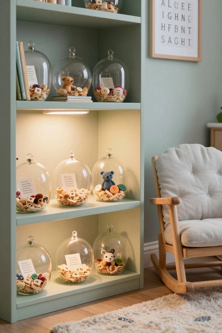 Clear glass dome on a cork base filled with cork geometric shapes, brass keys, paper origami crane, and sand, displayed on a windowsill beside white shelves and folded towels.