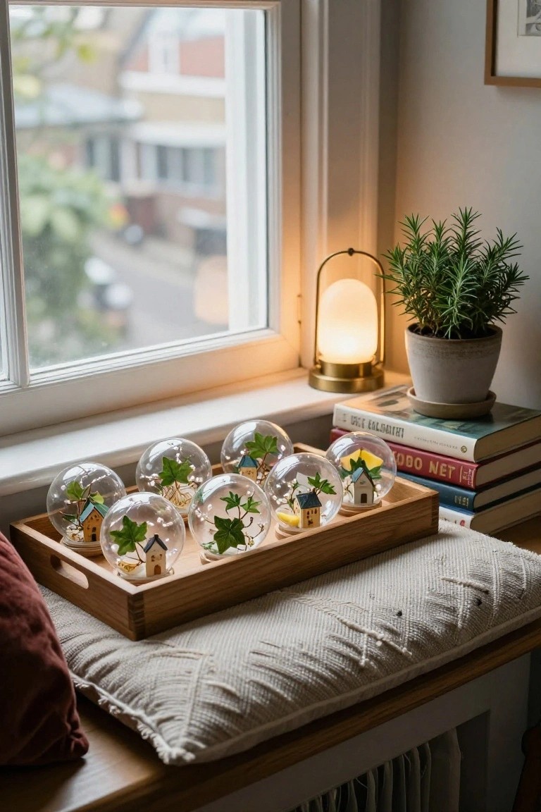 Cozy bedroom interior with exposed wooden ceiling beams from which multiple clear glass ornaments filled with letters, plants, spices, and small objects hang, positioned above a wooden bed with white linens, a bedside lamp, bookshelves, and a window with gray curtains.
