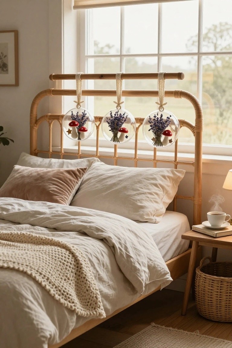 Rattan bed headboard in a light bedroom with three clear glass orbs filled with lavender flowers, red mushrooms, and stars hanging from ropes, above white sheets and pillows near a window and side table with tea cup.