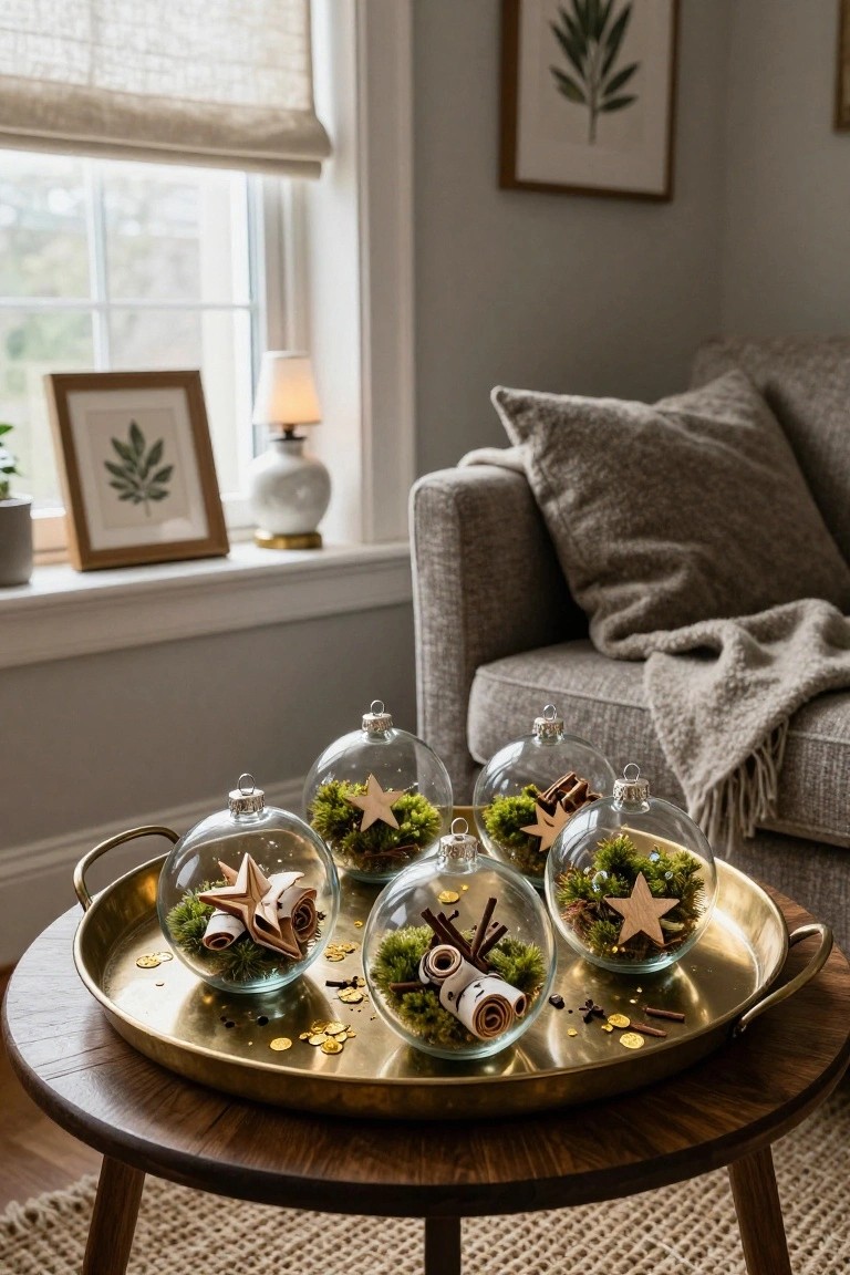 Clear glass Christmas ornaments filled with green moss, wood stars, cinnamon sticks, spices, and gold elements arranged on a brass tray on a wooden table next to a gray sofa in a light gray living room.