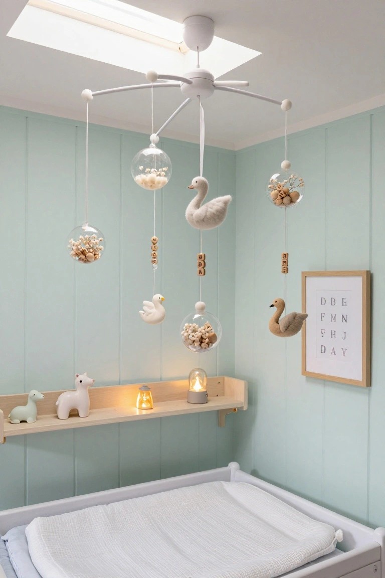 Corner of a mint green nursery room showing a white crib with changing mat, wooden shelf holding llama and dinosaur toys with candles, alphabet print on wall, and ceiling mobile with white swans and clear glass orbs filled with popcorn, nuts, flowers, and beads.