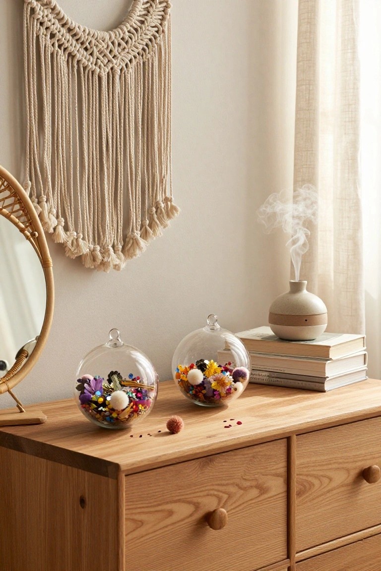 Glass bowl on a white quartz kitchen countertop holding clear fillable Christmas ornaments filled with orange slices, whole oranges, star anise, and rosemary, next to a black faucet, wooden cabinets, and copper cookie cutters.
