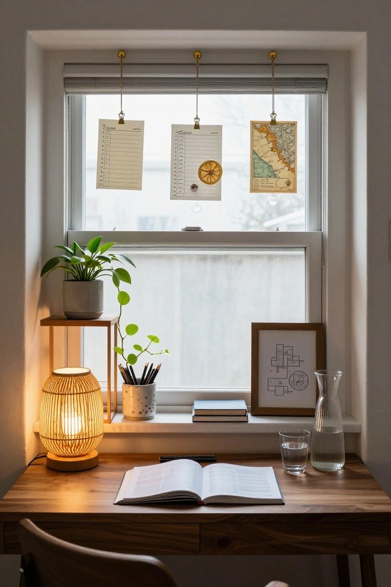 Wooden desk by a window with an open book, rattan lamp lit up, potted plants on a shelf, pencils in a holder, framed artwork, glass vase with water, hanging calendar sheets and map on blinds.