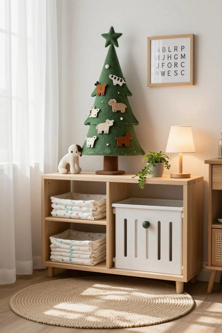 A small green felt Christmas tree decorated with felt animal ornaments including cows, sheep, dogs, and reindeer stands on a wooden low shelf unit holding stacked baby clothes baskets and a white storage bin in a bright room with sheer curtains and a potted plant.
