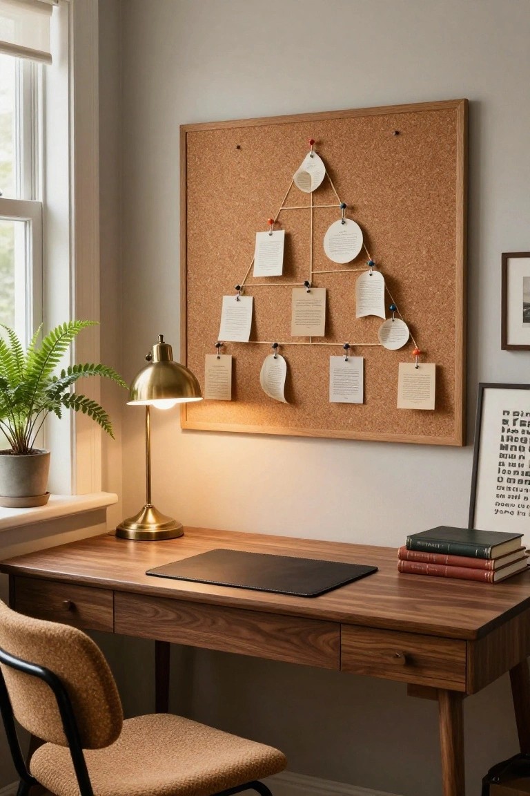 A triangular corkboard Christmas tree shape on a wall in a cozy home office with pinned white paper notes and cards, wooden desk, brass lamp, fern plant, and books nearby.